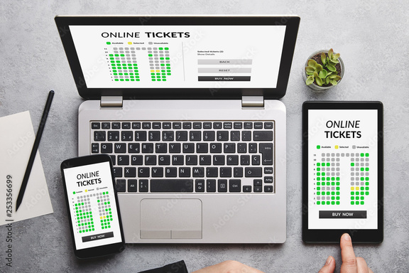 Mockup of laptop, tablet and mobile phone with preview of a ticket sa