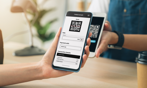 Payment process from one mobile phone to another via QR code and TYRIOS eCash app