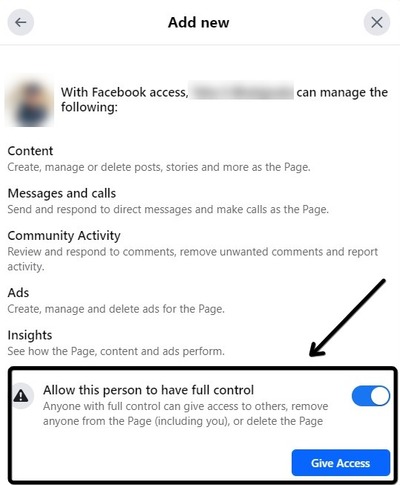Granting the person Facebook access